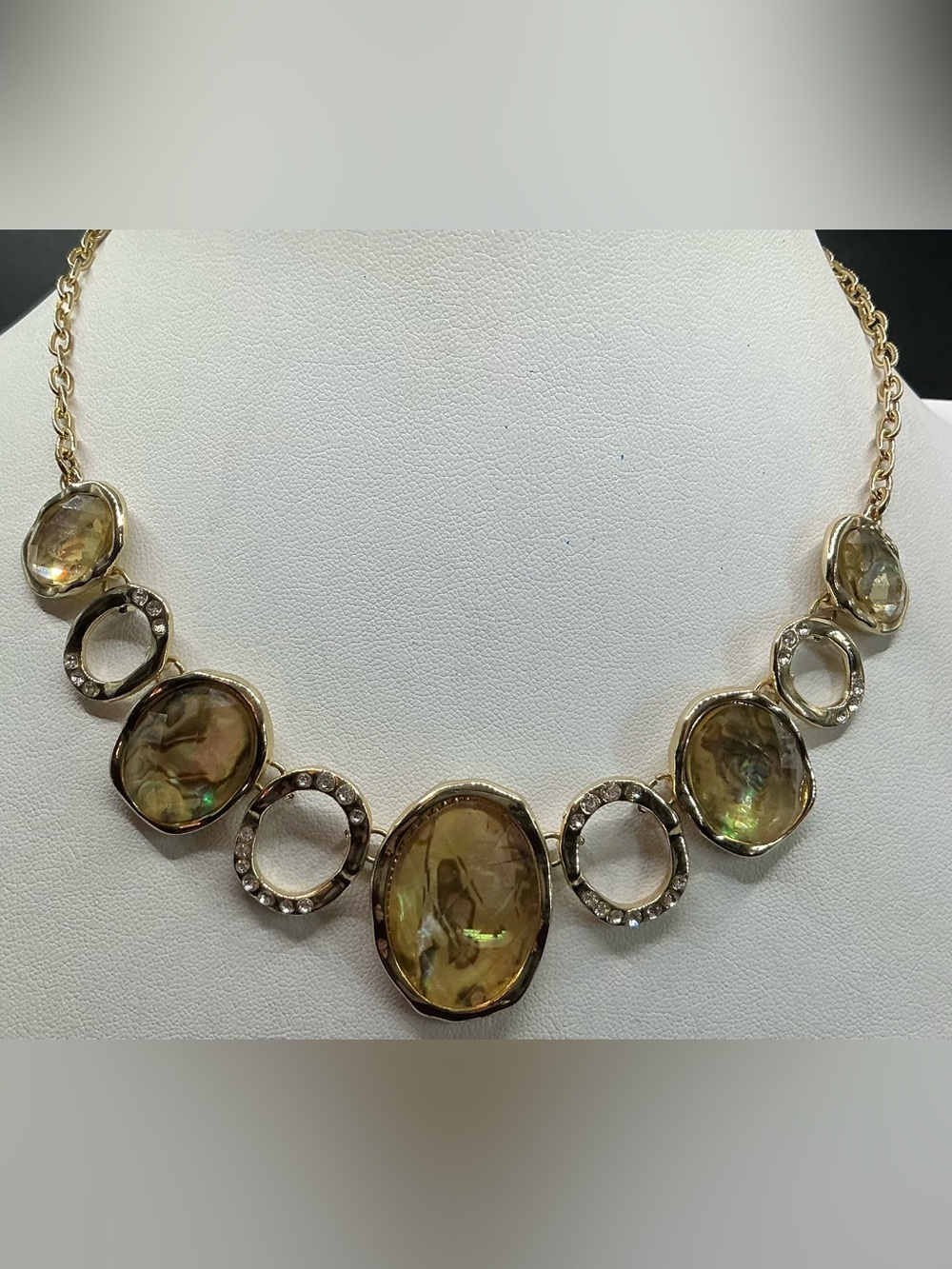 DANA BUCHMAN GOLD TONE GREEN IRRIDESCENT STONE NECKLACE WITH RHINESTONE ACCENTS